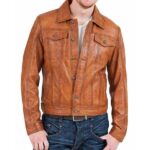 Men Brown Distressed Leather Trucker Jacket