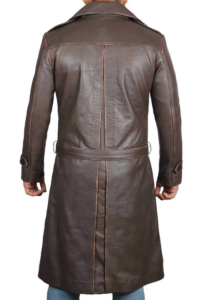 Men Distressed Brown Long Leather Trench Coat