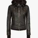 Women Dark Brown Hooded Leather Bomber Jacket