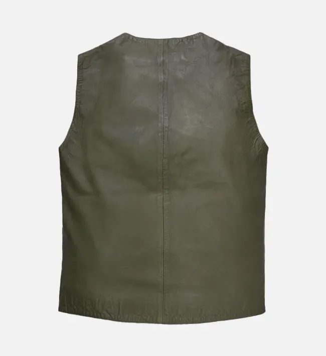 Men Green Wax And Washed Leather Vest