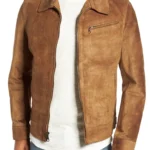 Men Cowhide Rough Out Leather Trucker Jacket