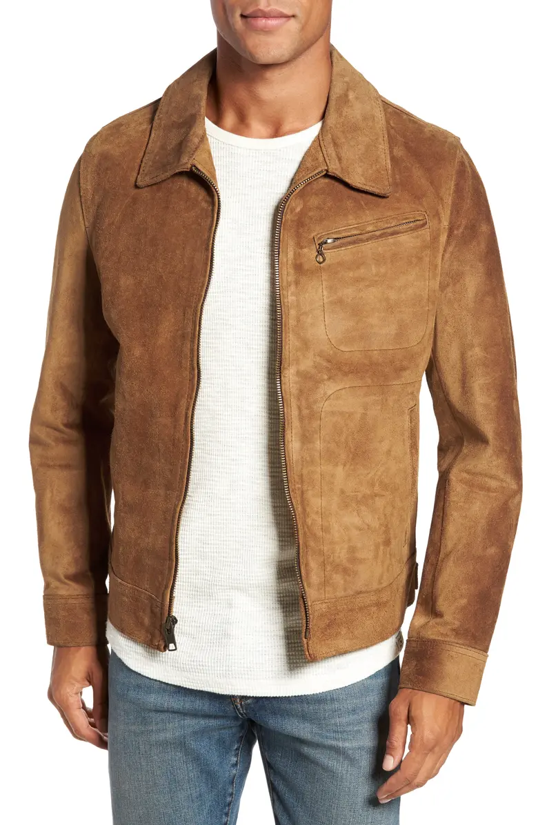 Men Cowhide Rough Out Leather Trucker Jacket