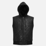 Men Quilted Black Hooded Leather Vest