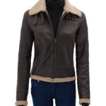 Women Dark Brown Leather Bomber Shearling Jacket