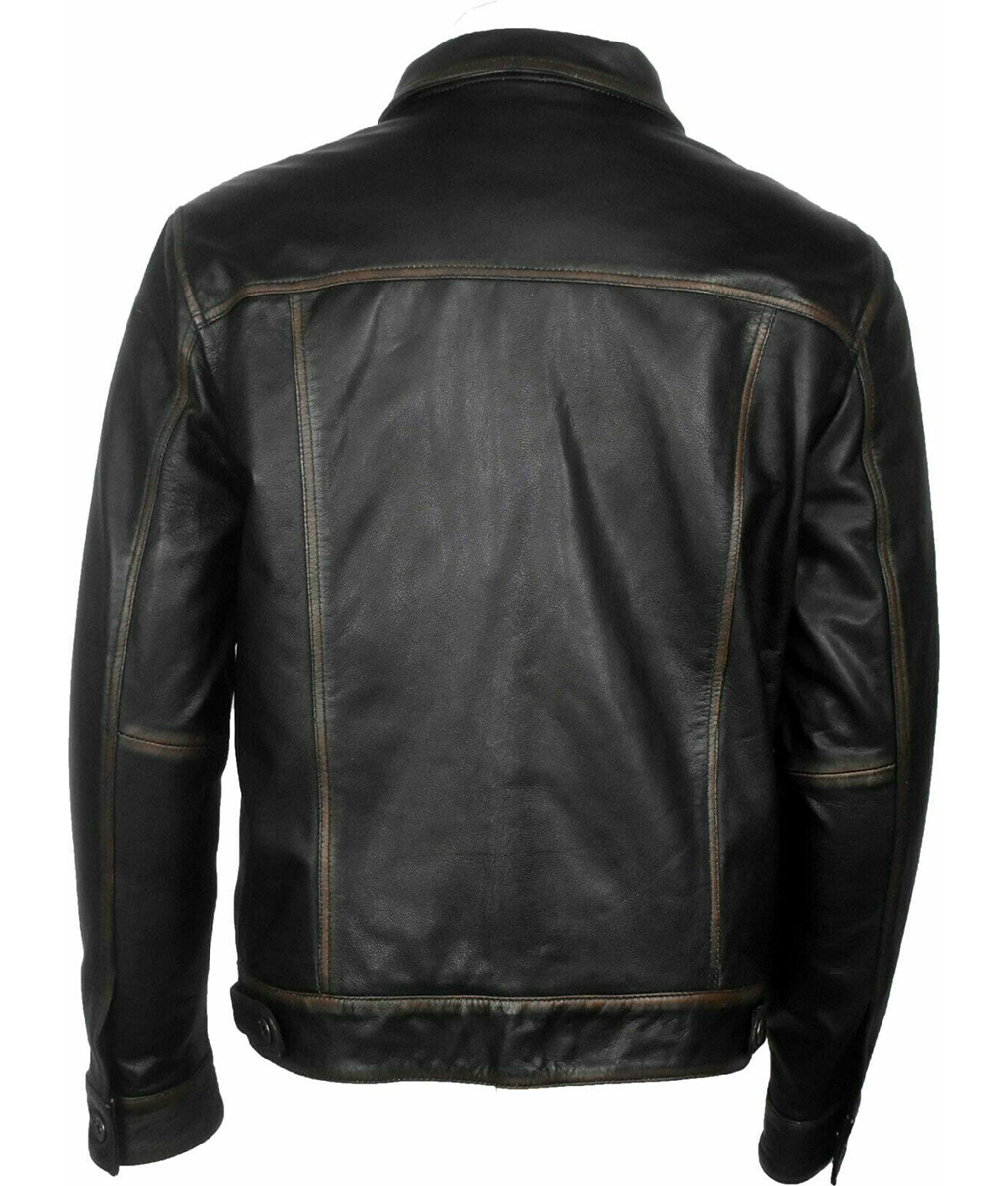 Men Black Leather Trucker Racer Jacket
