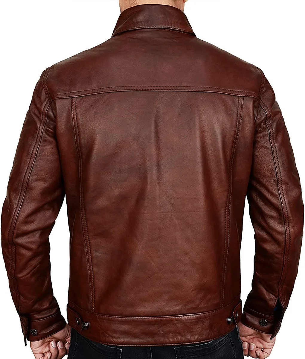 Men Dark Brown Vintage Classic Leather Trucker Jacket