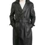 Men Classic Black Genuine Leather Trench Coat