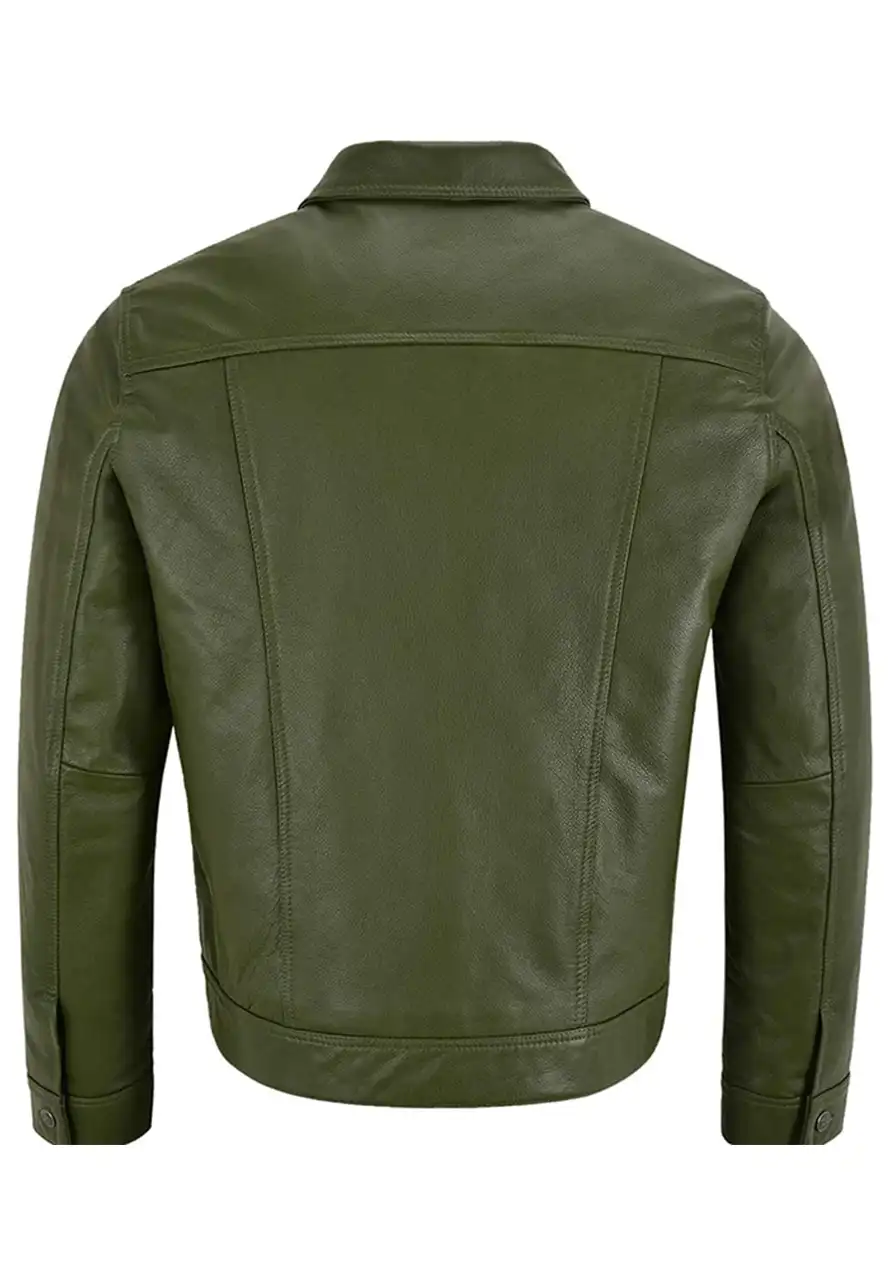Men Olive Green Leather Trucker Jacket