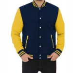 Men Navy Blue And Yellow Varsity Jacket