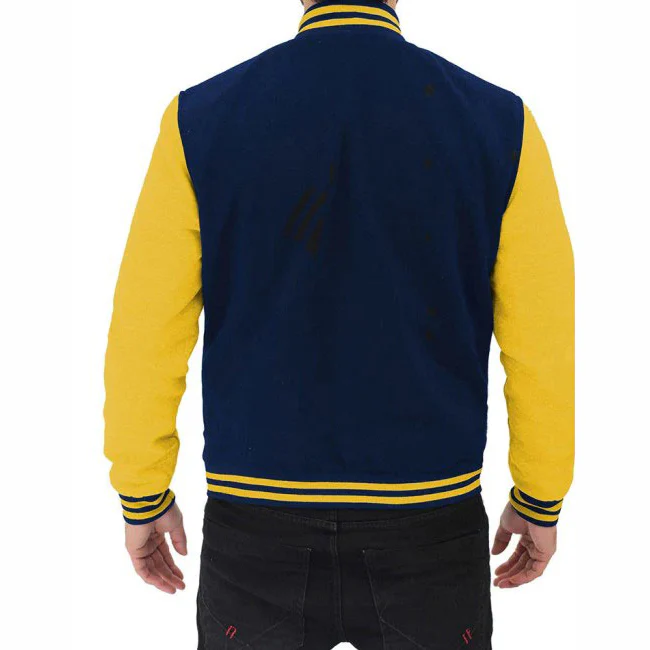 Men Navy Blue And Yellow Varsity Jacket