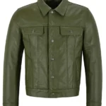 Men Olive Green Leather Trucker Jacket