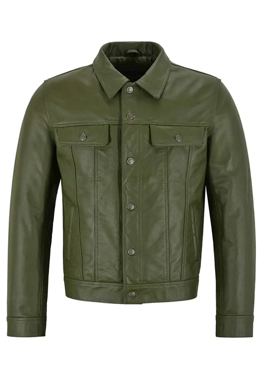 Men Olive Green Leather Trucker Jacket