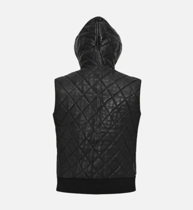 Men Quilted Black Hooded Leather Vest