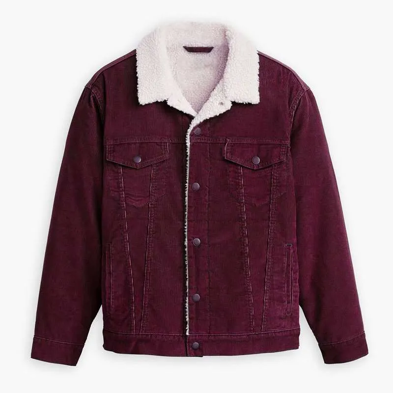 Men Burgundy Sherpa Trucker Western Jacket