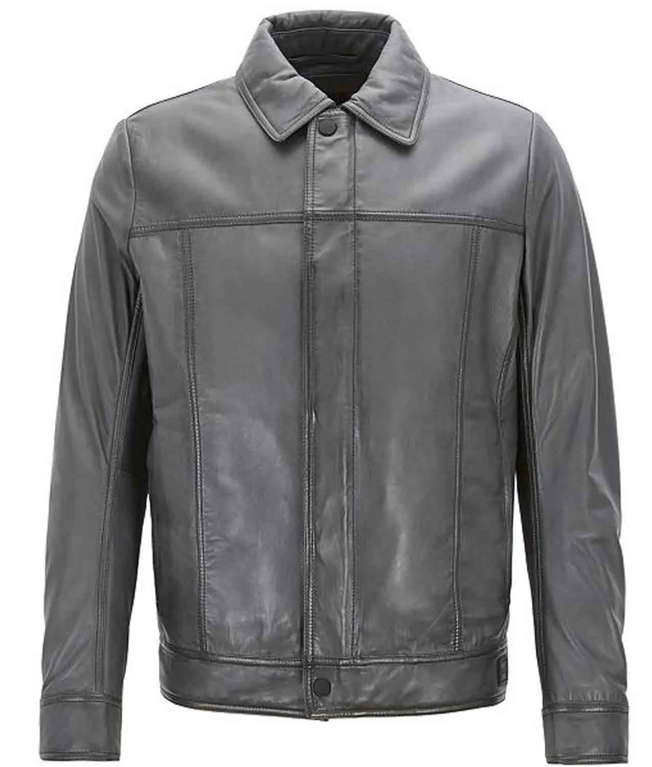Men Trucker Slim Fit Grey Leather Jacket