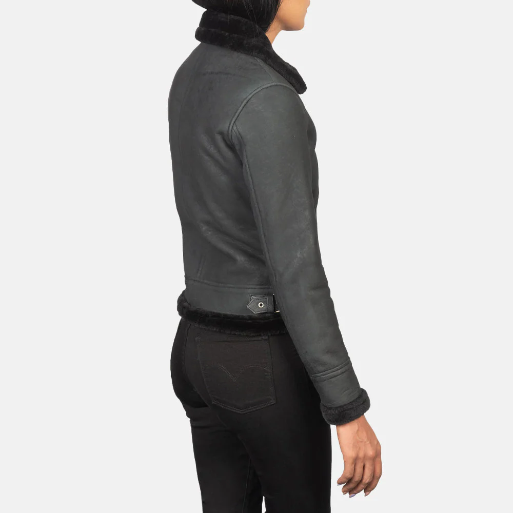 Women Distressed Black Leather Bomber Jacket