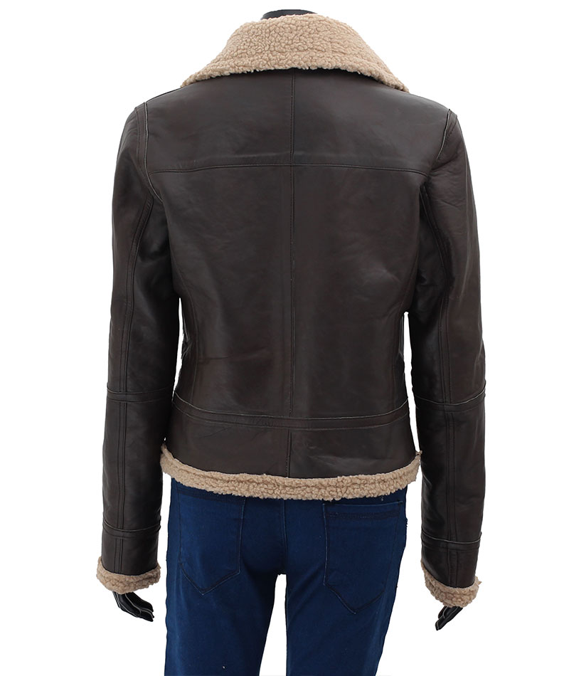 Women Dark Brown Leather Bomber Shearling Jacket