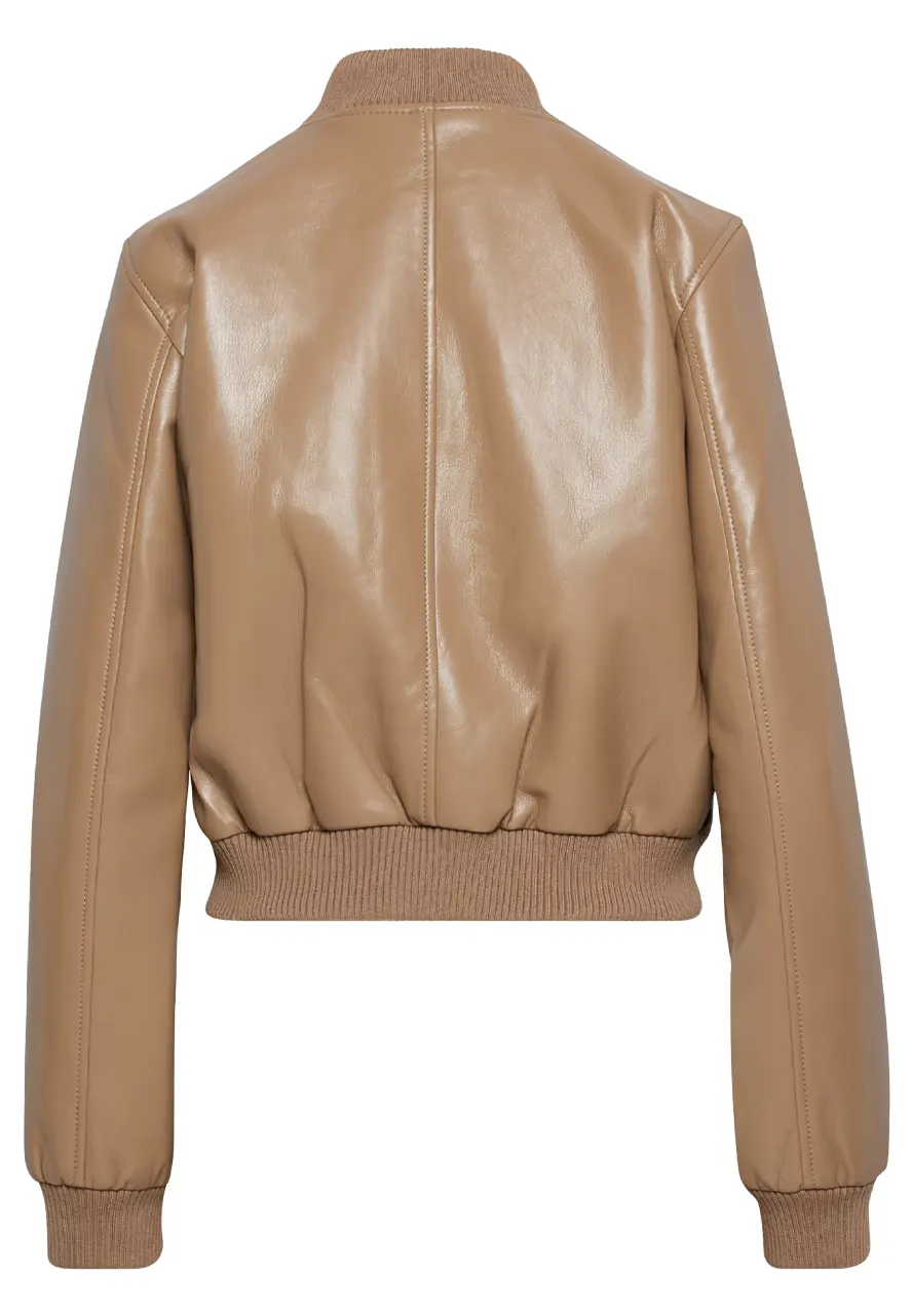Women Camel Bomber Faux Leather Jacket