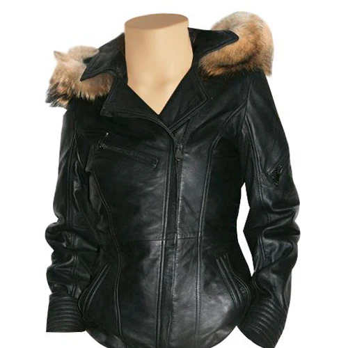 Women Black Real Faux Fur Hoodie Leather Jacket