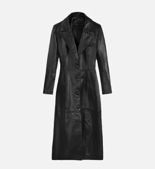 Women Classic 1980s Black Leather Long Coat