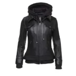 Women Black Leather Fleece Hoodie Jacket