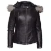 Women Fur Trim Black Leather Hoodie Jacket