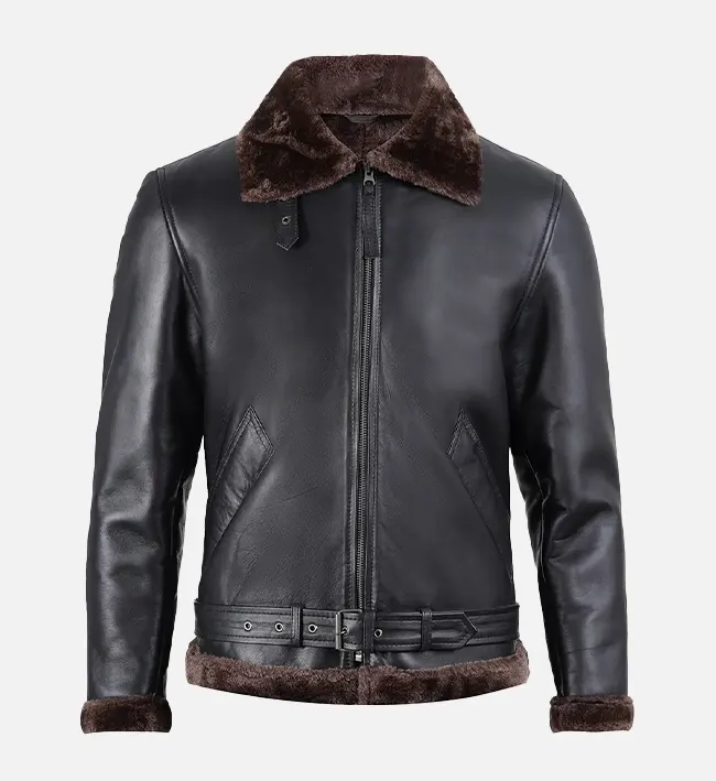 Men Black Shearling Leather Bomber Jacket
