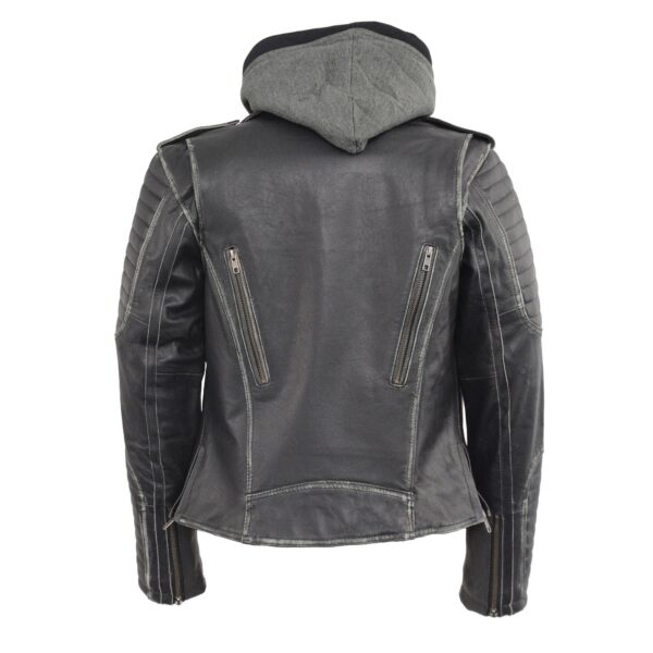 Women Grey Rub Off Hoodie Motorcycle Leather Jacket