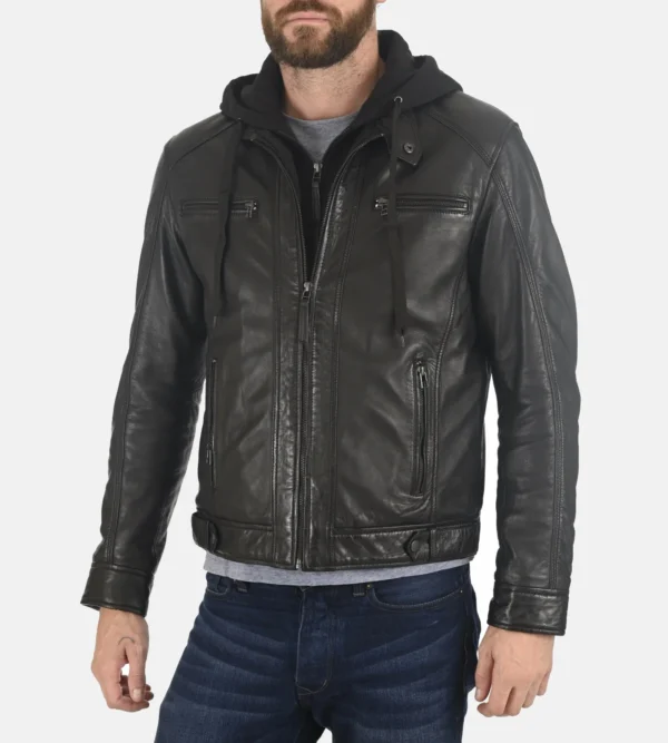 Men Jacobstowe Hooded Black Leather Jacket