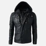 Men Detachable Hood Black Biker Leather Jacket