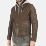 Men Brown Removable Hood Leather Jacket