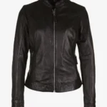 Women Sleek Black Leather Cafe Racer Jacket