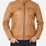 Men Cafe Racer Camel Brown Quilted Leather Jacket