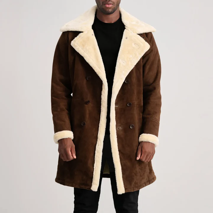 Men Elegant Brown Suede Shearling Coat