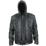 Mens Black Hoodie Leather Jacket