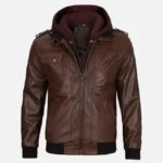 Men Chocolate Brown Hooded Leather Bomber Jacket