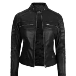 Women Black Cafe Racer Biker Leather Jacket