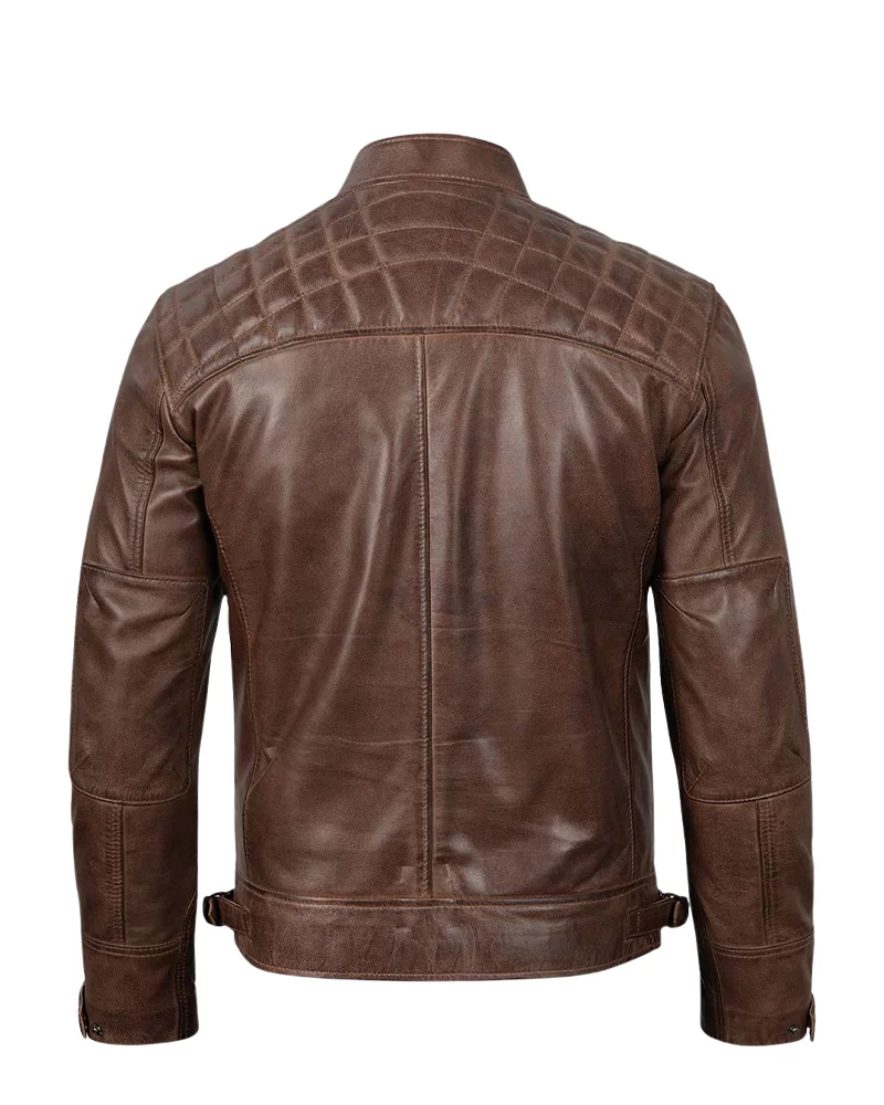 Men Coffee Brown Biker Leather Quilted Jacket