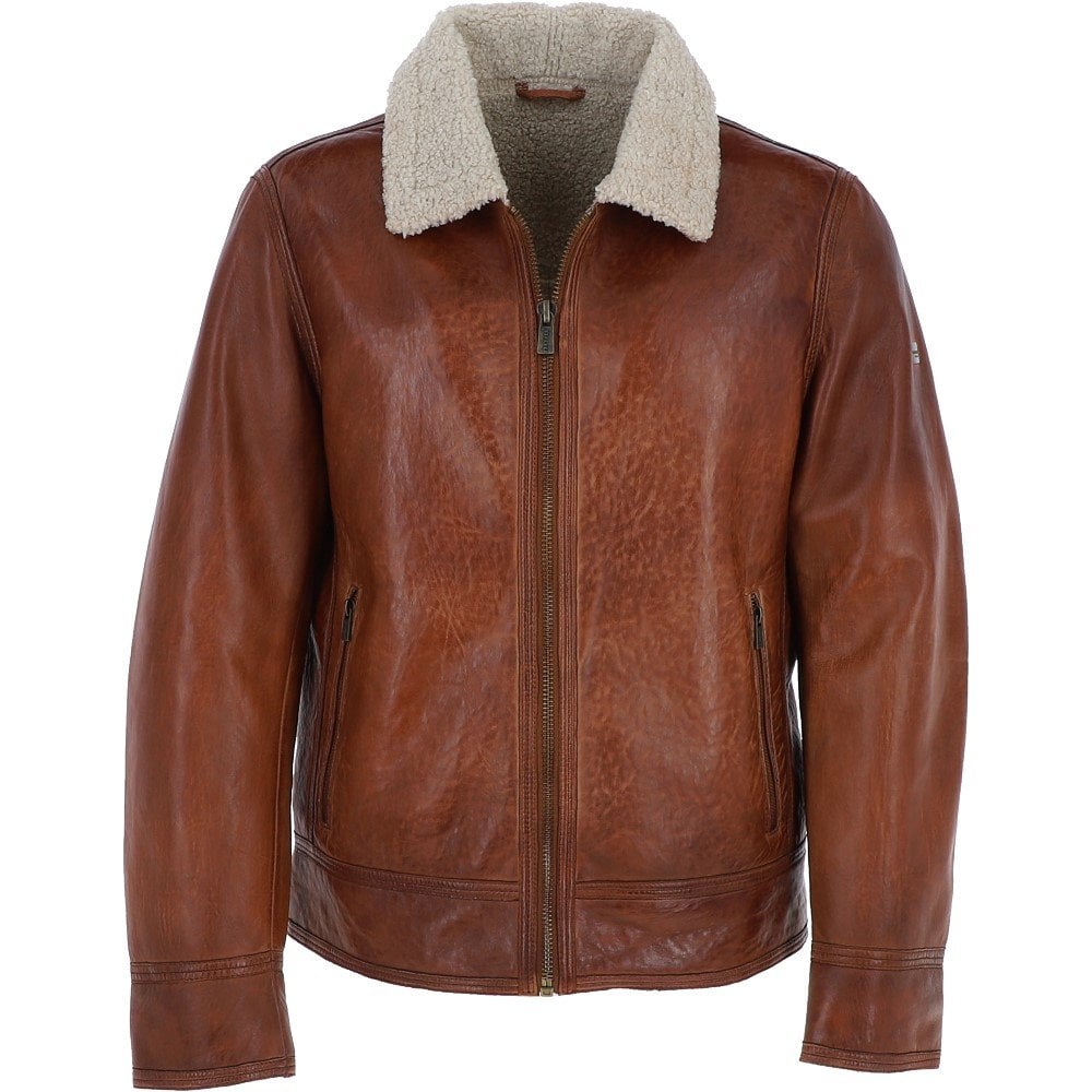 Mens Cognac Brown Teddy Lining Leather Jacket
