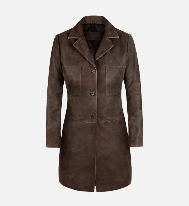 Women Distressed Brown Leather Coat