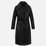 Women Stylish Black Belt Leather Long Coat