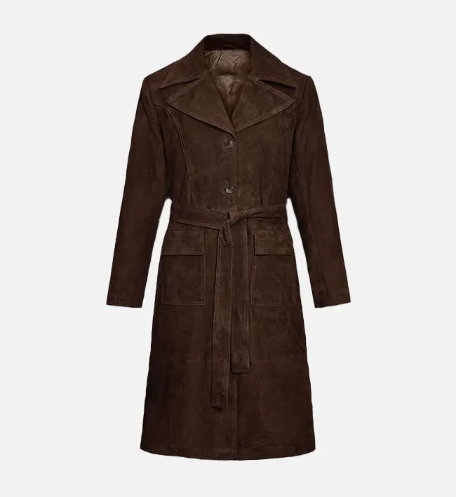 Women Dark Brown Suede Leather Full Length Coat
