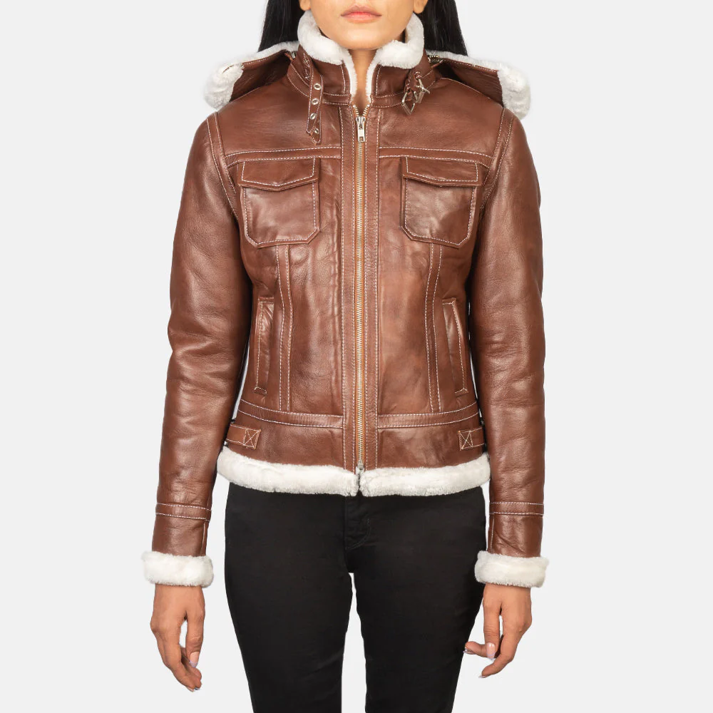 Women Fiona Brown Hooded Shearling Leather Jacket