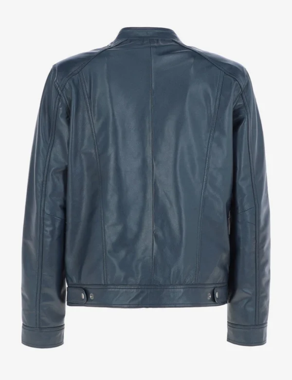 Mens Navy Leather Cafe Racer Jacket