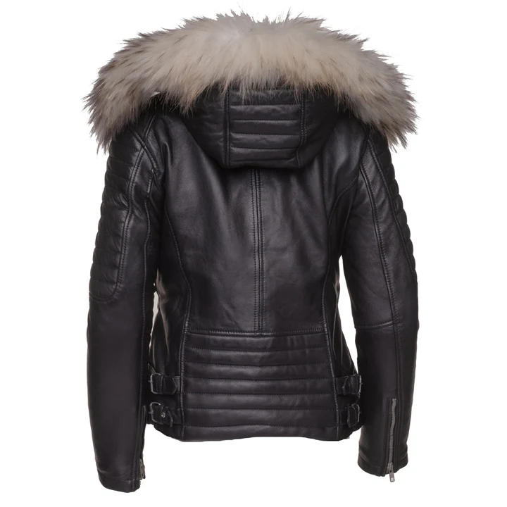 Women Fur Trim Black Leather Hoodie Jacket