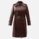 Women Maroon Wax Leather Trench Coat