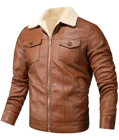 Men Grayson Brown Leather Shearling Trucker Jacket