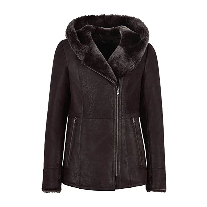 Women Dark Brown Hooded Fur Shearling long Jacket