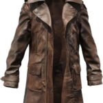Men Vintage Brown Distressed Leather Duster Coat