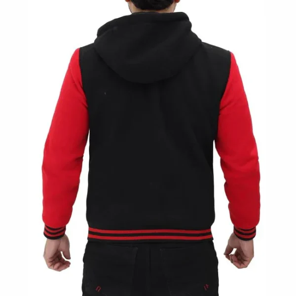 Mens Red And Black Baseball Hooded Varsity Jacket